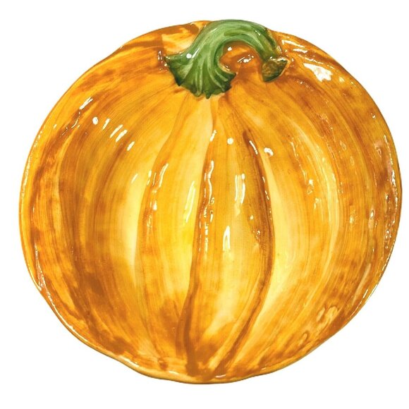 Pumpkin Dish 5" Snack Bowl Made in Italy Set of 2 Handpainted Orange Green Stem - Picture 3 of 7